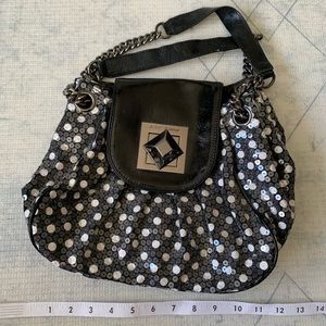 Betsey Johnson Dottie girl flap black and white polka dots sequins purse